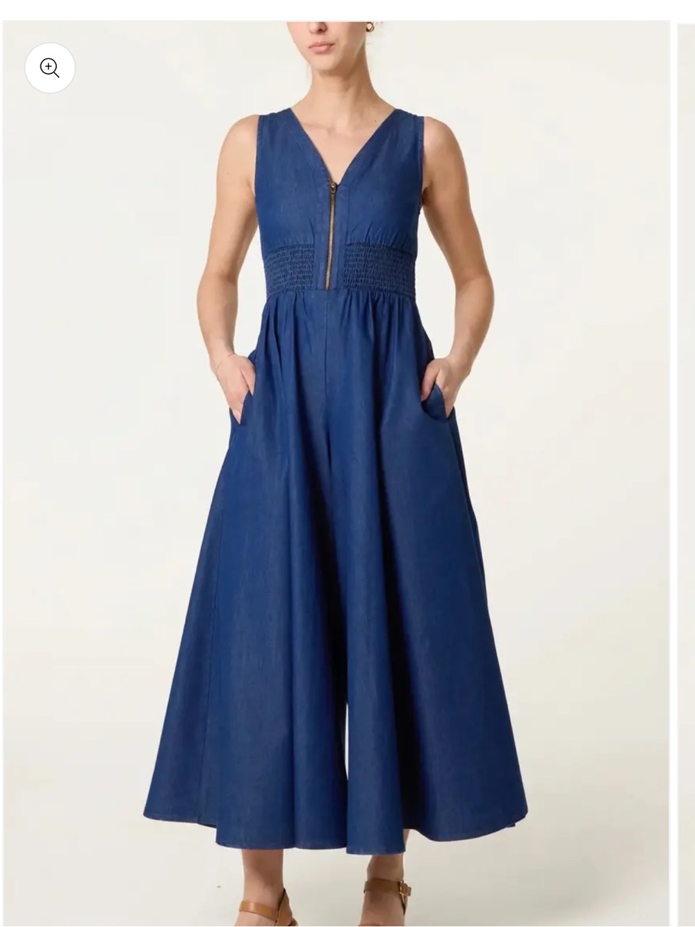 Step In Style Sleeveless Navy Blue Midi Denim Wide Leg Jumpsuit with Front Zip